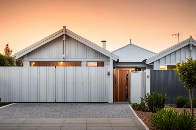 A modern Australian home with a timber paling front fence, painted white.